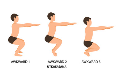 Awkward Poses Set. Man practicing yoga vector illustration. Man doing Awkward Yoga Pose or Utkatasana step by step hand drawing. yoga postures