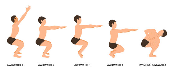 Awkward Poses Set. Man practicing yoga vector illustration. Man doing Awkward Yoga Pose or Utkatasana step by step hand drawing. yoga postures