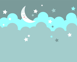 A fabulous children's drawing. A month with stars in the clouds. Beautiful wallpapers for the children's room, photo wallpapers for kids.