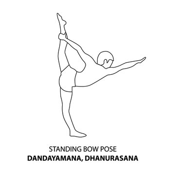 Man practicing yoga pose isolated outline Illustration. Man standing in standing bow pose dandayamana, dhanurasana pose, Yoga Asana line icon