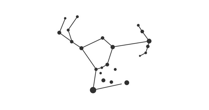 Orion constellation. Stars in the night sky. Constellation in line art style in black and white. Cluster of stars and galaxies. Horizontal composition, 4k video quality