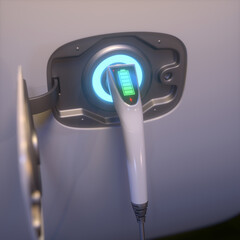 Concept image of electric vehicle. Full charge stored in battery.