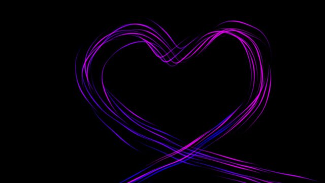 Neon light streaks forming love heart Shape as symbol of love and wedding, movement and animation of colored particles on black background