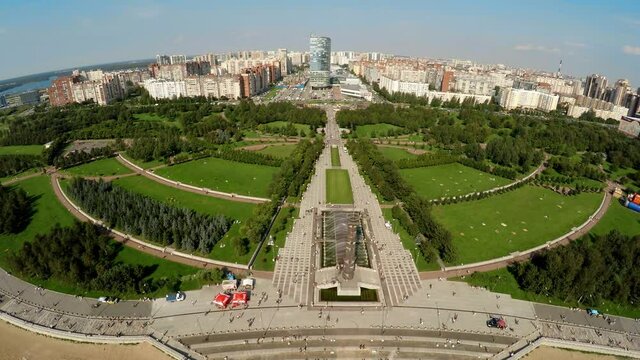 Aerial view. Park of the 300th anniversary of St. Petersburg. 4K.