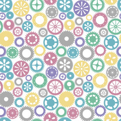 Vector seamless patern gears. Colored round gear elements of the mechanism. Isolated details on white.