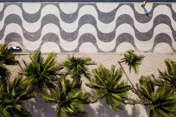 Top View of Copacabana Mosaic Sidewalk and Palm Trees at the Beach in Rio de Janeiro, Brazil