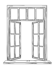 Vector drawing of an open window, isolated object in sketch style. Open home window to the outside illustration.