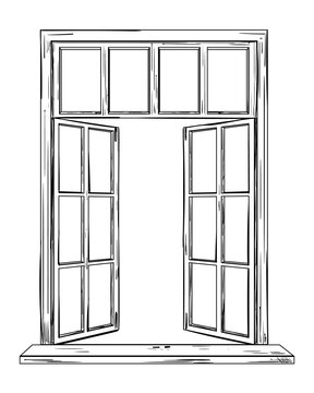 Vector drawing of an open window, isolated object in sketch style. Open home window to the outside illustration.