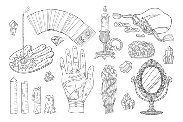 Hand drawn esoteric acult icons in sketch style. Vector witchcraft set, magic objects and mystery symbols antique mirror, candles, crystals, runes, tarot cards. 
