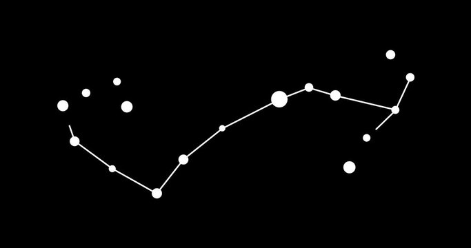 Scorpius constellation. Stars in the night sky. Constellation in line art style in black and white. Cluster of stars and galaxies. Horizontal composition, 4k video quality