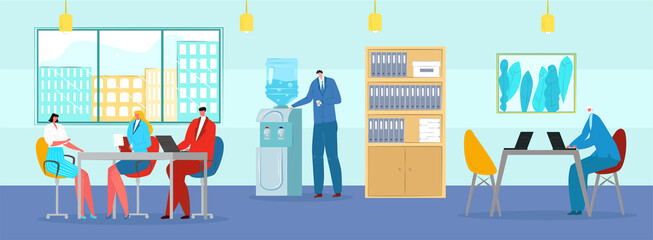Office, business coworking space, vector illustration. Workplace for man woman people character, team at corporate meeting concept.