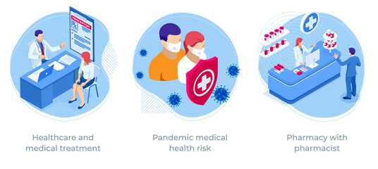 Isometric Healthcare and medical treatment, Pandemic medical health risk, Pharmacy with pharmacist