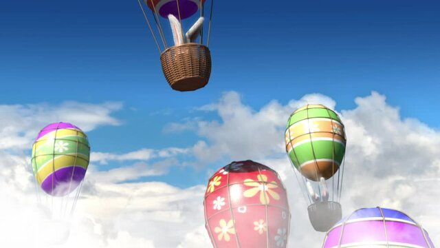 Rabbits flying in Easter Eggs Hot Air Balloons above the clouds against clear blue sky (perfect loop)