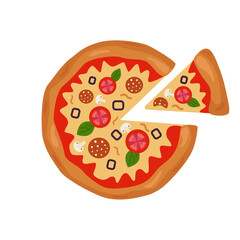 Pizza with cut piece, with tomatoes, olives, sausage and cheese, isolated on white background. Simple Color pizza icon. Concept of fast food. Vector illustration, cartoon style	
