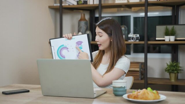Asian woman doing presentation the sales report statistics or teaching mathematic on video conference working at home while coronavirus lockdown at home.