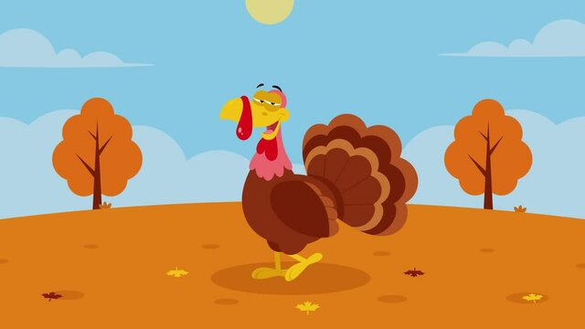 Cute Turkey Cartoon Character Walking. 4K Animation Video Motion Graphics With Fall Landscape Background And Text Happy Thanksgiving