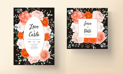 Elegant wedding invitation with orange floral ornaments