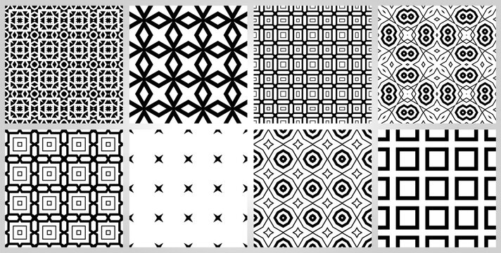 Abstract fantasy thin line hexagon, triangle geometric seamless pattern set. Creative mosaic, tile backgrounds.