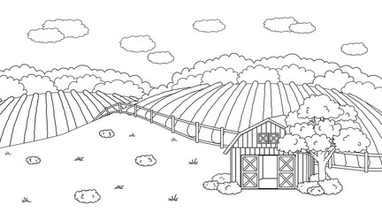 Black white summer spring farm doodle concept in countryside. Cartoon vector cute red barn with open doors, fence clouds, field, planted plantations, bushes, plants for animal life for coloring books.