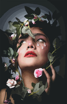 Mujer con lagrimas y flores