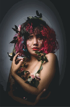 Mujer con lagrimas y flores