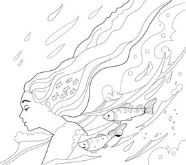Coloring page. Coloring picture of beautiful girl floats in the water. Illustration of cute fishes swimming underwater. Line art design for adult coloring book.