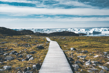 View towards Icefjord in Ilulissat. Easy hiking route to the famous Kangia glacier near Ilulissat...
