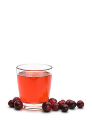 Glass filled with cranberry berry juice and scattering of berries of cranberry