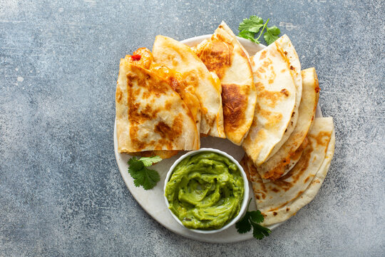 Shrimp And Cheese Quesadillas Served With Guacamole