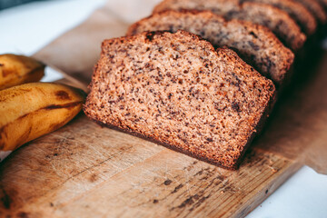 Freshly baked banana bread in the kitchen