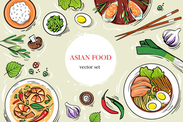 Spicy ramen and ingridients of asian traditional cuisine food illustration