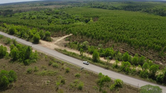 DRONE DJI MAVIC 2 IMAGE LANDSCAPE WHITE CAR ON THE ROAD IN THE MIDDLE OF AMAZON AMAZON FOREST BRAZIL