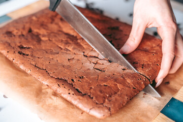 Freshly baked aromatic chocolate brownie