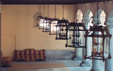 Vintage pendant lamps in an old building