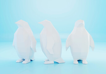 Paper sculpture of a low poly Penguins, folded paper animal, papercraft, 3d render
