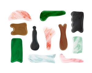 Facial massage concept. Guacha scrapers set on a white background. Different shapes and types of stone tools. 