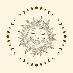 Celestial sun star and moon vector. Sacred dreaming line astrology boho esoteric art.