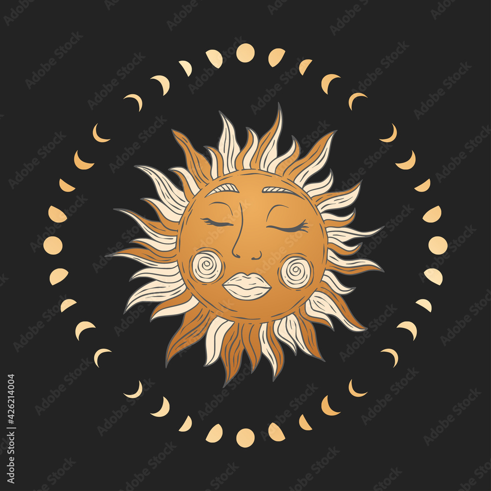 Wall mural Celestial sun star golden vector. Sacred dreaming astrology boho esoteric card art.