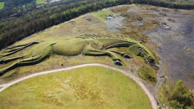 Aerial view of a public earthwork on top of an old, closed coal mine
