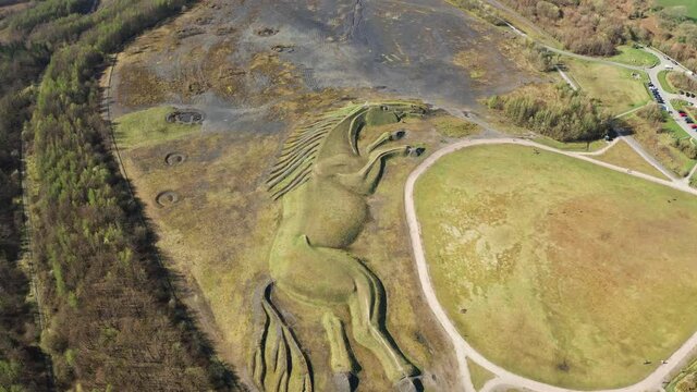 Aerial view of a public earthwork on top of an old, closed coal mine