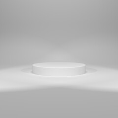 3D rendering of white round pedestal on white background with two spot lights