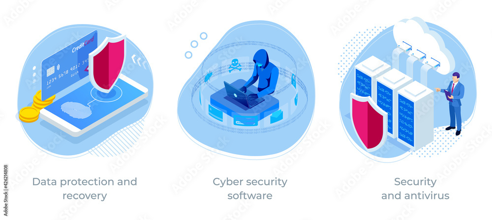 Poster isometric online information protect, internet digital technology. digital crime by an anonymous hac