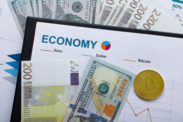 Dollar, euro currency, economy graphics background. Bitcoin profitable, Bitcoin exchange. Bitcoin...