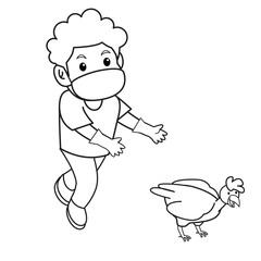 kid try catch chicken, active in farm using mask.character illustration.