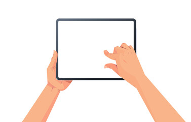 human hands holding tablet pc with blank touch screen using digital device concept isolated horizontal