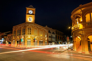 Beautiful building of Sino Portuguese architecture in Phuket Old Town at  twilight, Thailand.