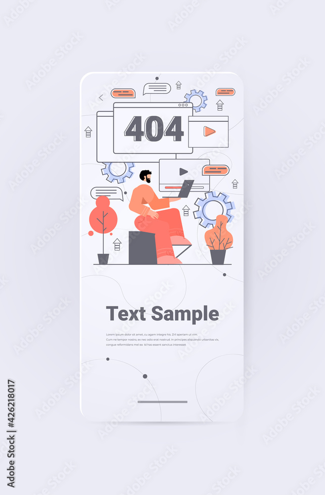 Poster businessman repairing site with problem not working error lost not found 404 sign concept vertical