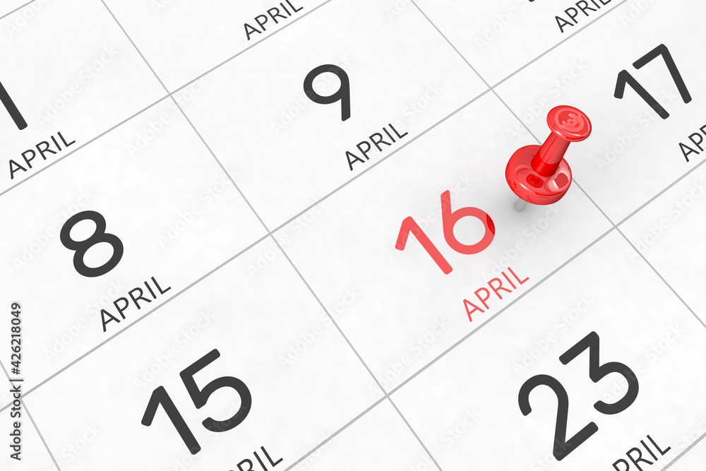 Poster 3d rendering of important days concept. april 16th. day 16 of month. red date written and pinned on 