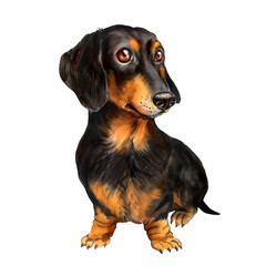 Watercolor illustrations of black dachshund dog with tan 