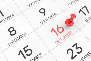 3d rendering of important days concept. September 16th. Day 16 of month. Red date written and pinned on a calendar. Autumn month, day of the year. Remind you an important event or possibility.
